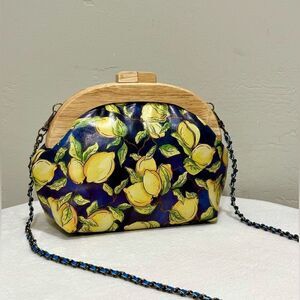 Handmade Genuine Leather Lemon-printed , Round Wooden Frame Clutch/CrossBody